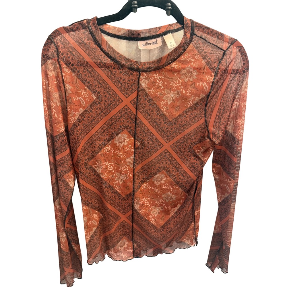 Willow and Root Mesh Blouse Womens Medium Rust Sheer Paisley Long Sleeve Top